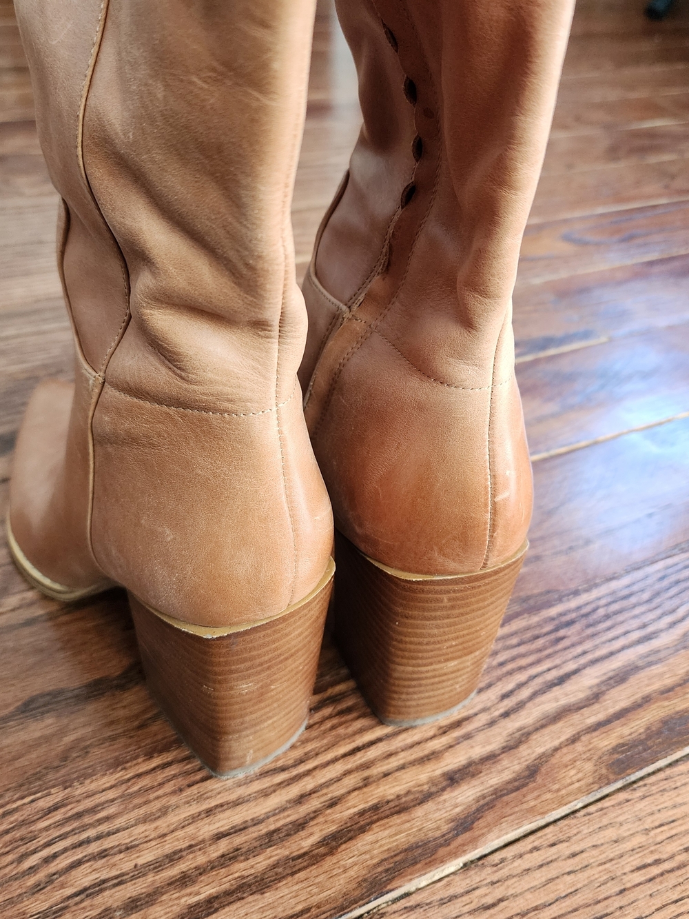 Nine West Tan Leather Tall Boots 7 Boho Chic Minimalist Western Neutral Pointy - Picture 6 of 10